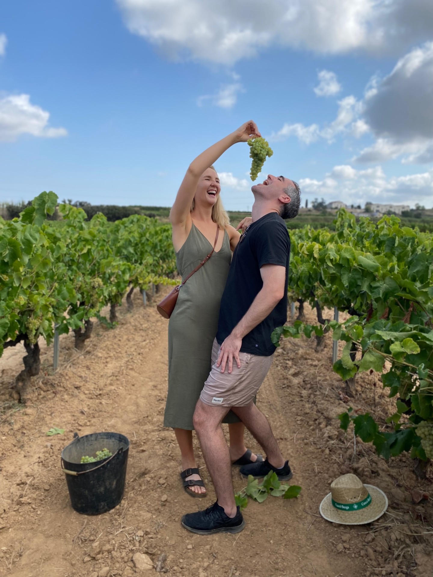 Couple laughing while eating fresh grapes in the vineyard